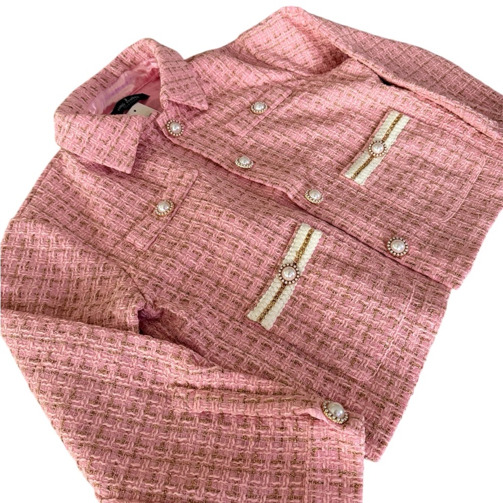 Simply Southern Pink Tweed Jacket with Pearl Accents